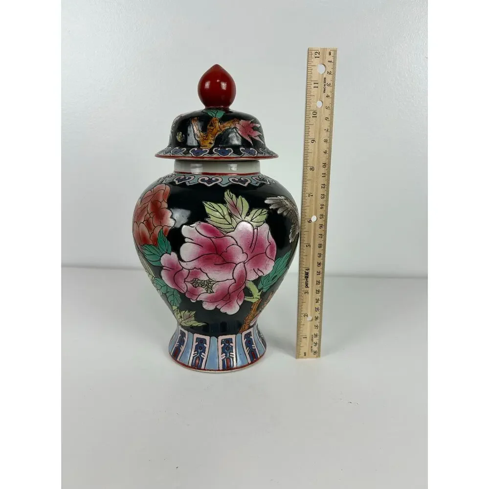 Vintage Japanese Hand Painted Ginger Jar w/ Lid Birds Florals Pottery Vase